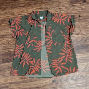 Olive And Coral Leaf Print Button-Up Shirt